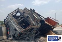 भरधाव ट्रक दुभाजकास धडकत जळून खाक ; कान्हापूर जळील घटना : वाचा सविस्तर