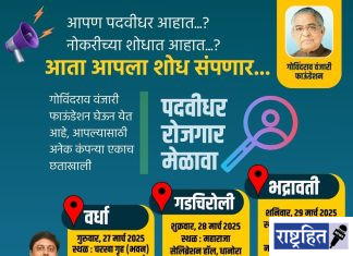 पदवीधर बेरोजगारांसाठी वर्धेत 27 मार्चला रोजगार मेळावा ; गोविंदराव वंजारी फाऊंडेशनचे आयोजन : महाराष्ट्रातील नामांकित कंपन्यांचा सहभाग