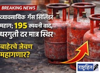 महागाईचा आणखी झटका! व्यावसायिक गॅस सिलिंडर १९५ रुपयांनी महाग